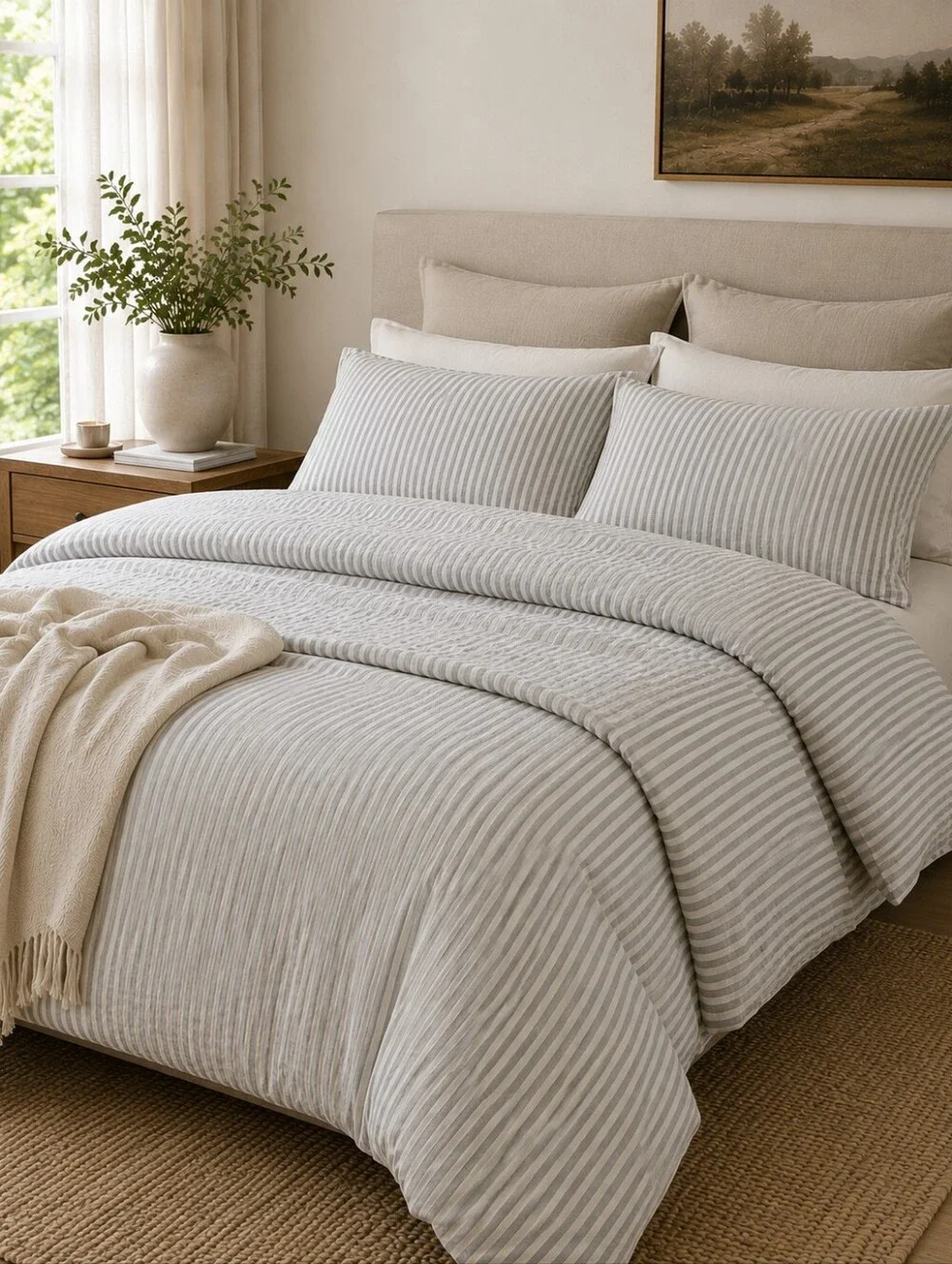 Quince European Linen Duvet Cover King / California King Gray White Stripe EUC